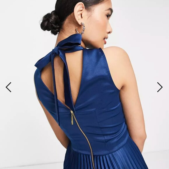 NWT Womens ASOS Closet London High Neck Navy Blue Satin Pleated Midi Dress 10 - Picture 4 of 8